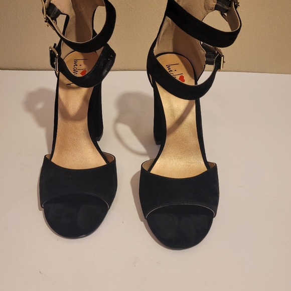 Luichini size 8.5 faux suede black open toe heel - Picture 5 of 8
